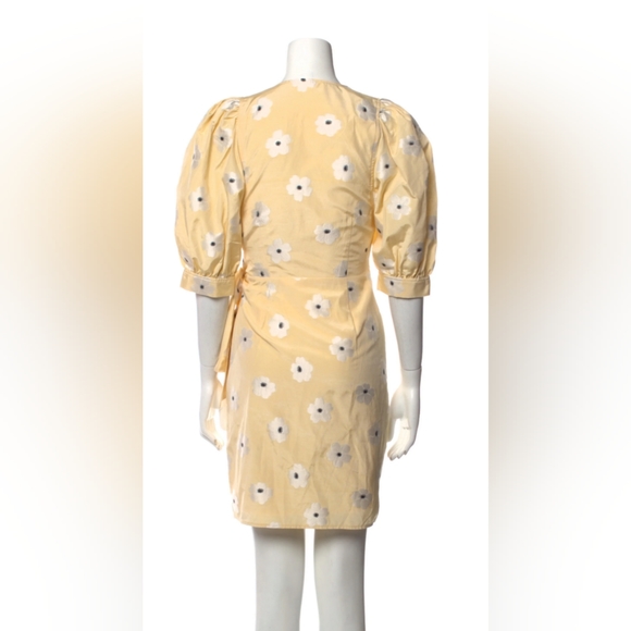 SAMSOE Mini Floral Printed Wrap Dress Yellow Small With Sash Tie V-Neck - Picture 3 of 9